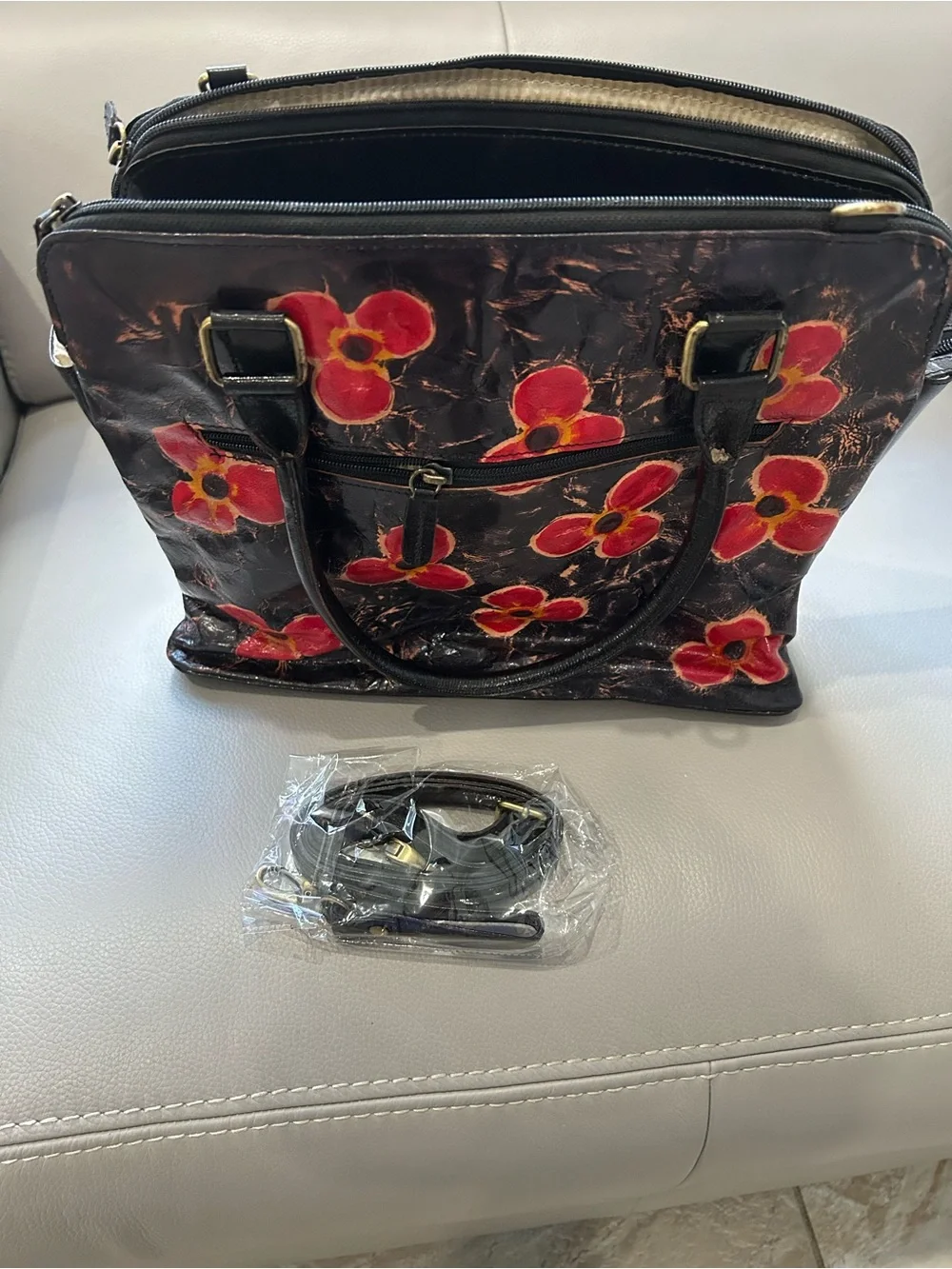 Hand-Painted Floral Black Leather Tote Bag - Red Flower Accent